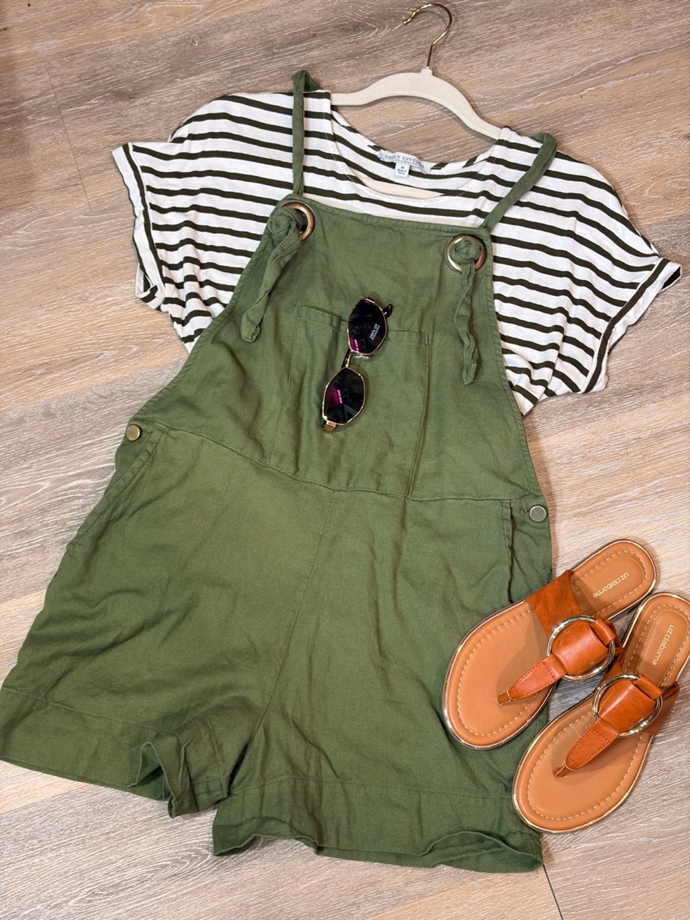 Patrons of Peace Olive Green Pinafore with green/ White Striped Tee super soft